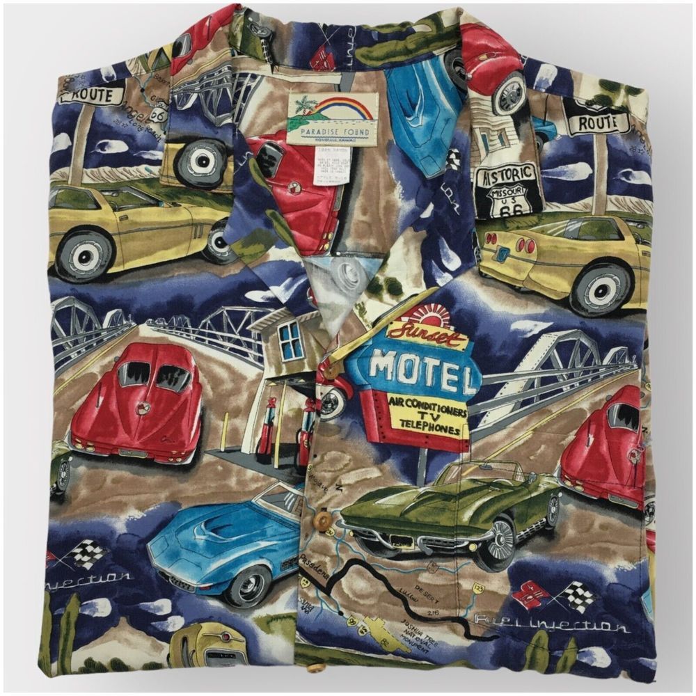 Vintage PARADISE FOUND‎ Hawaiian Shirt Rayon Mens Size 2XL Camp Cruise ROUTE 66